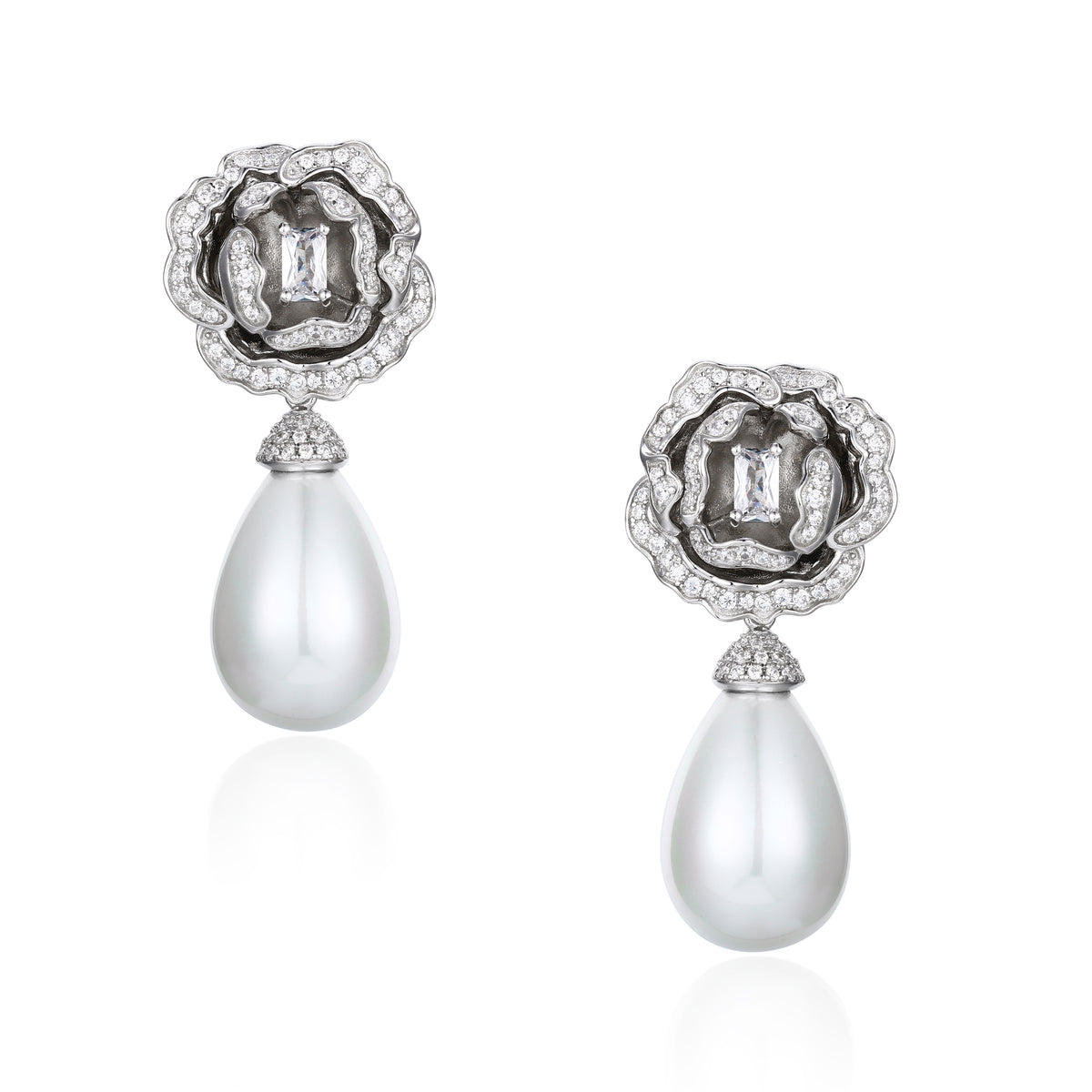 Countess Flower and Pearl Drop Silver Earrings Santinni