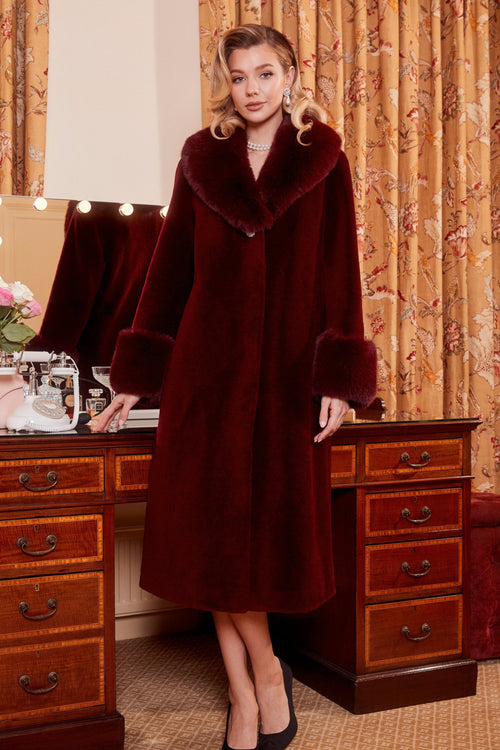 'Sunset Boulevard' Long Wool Coat with Faux Fur Collar in Rosso