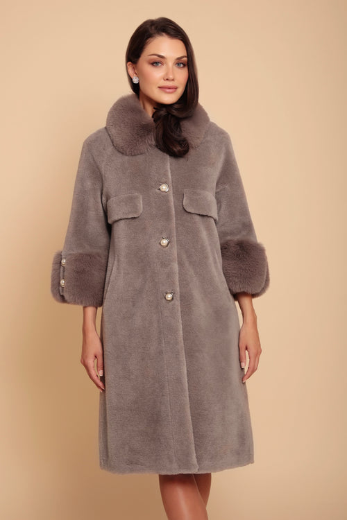 'Hayworth' Wool and Faux Fur Coat in Grigio