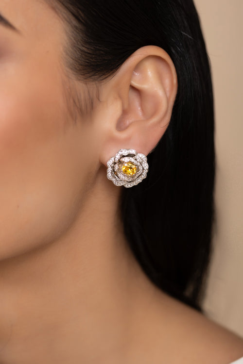 'Marchioness' Flower-Motif Silver Earrings with Yellow Crystal