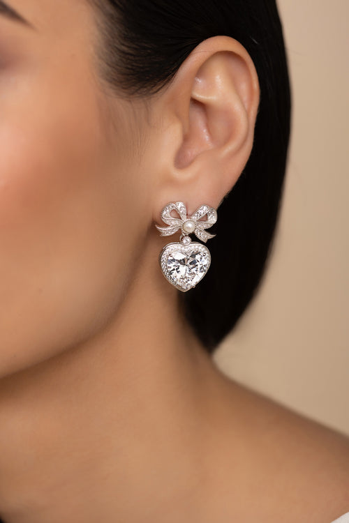 'Princess' Bow and Crystal Heart Silver Earrings With Pearl