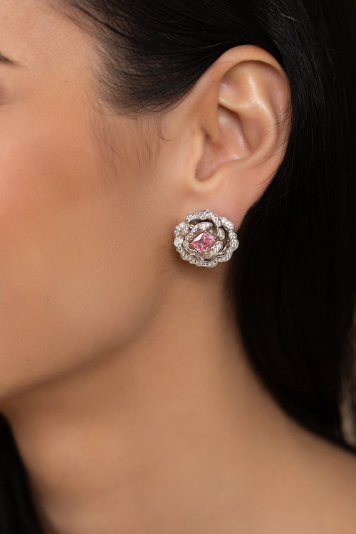 'Marchioness' Flower-Motif Silver Earrings with Pink Crystal