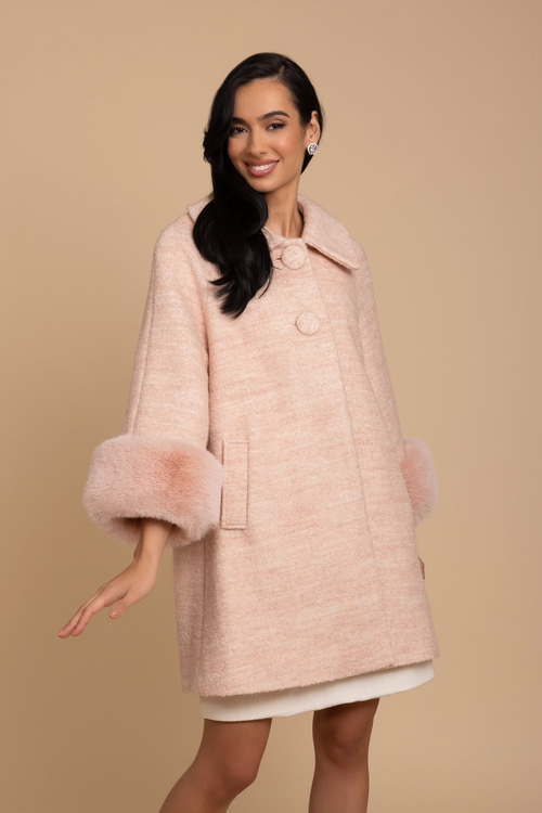 'Angelique' Wool Tweed and Faux Fur Swing Coat in Rosa