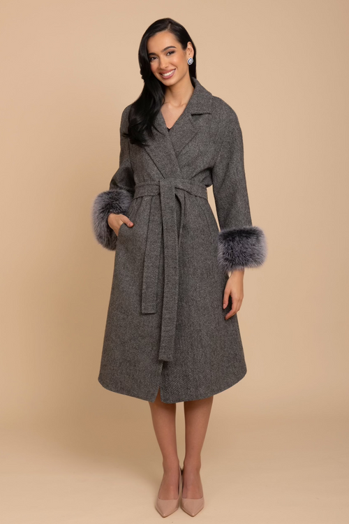 'Film Noir' Wool Tweed and Faux Fur Belted Coat in Grigio