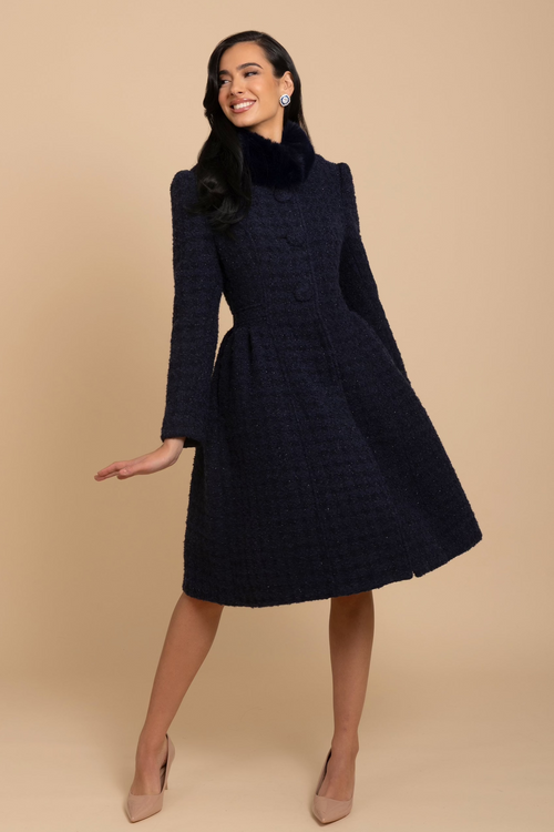 'Starlet' Wool Tweed Dress Coat with Faux Fur in Marino