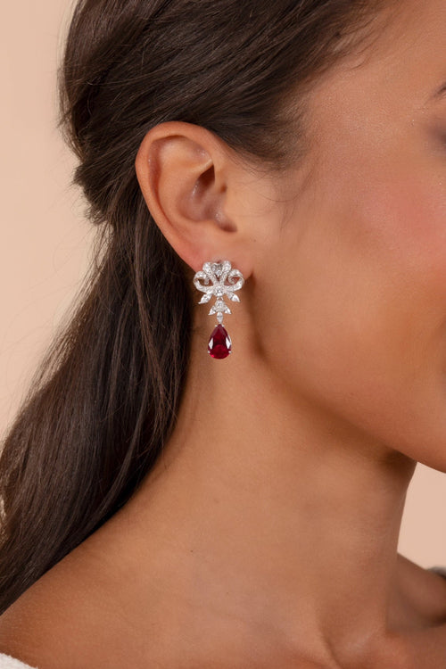 'Versailles' Silver Drop Earrings with Red Crystal