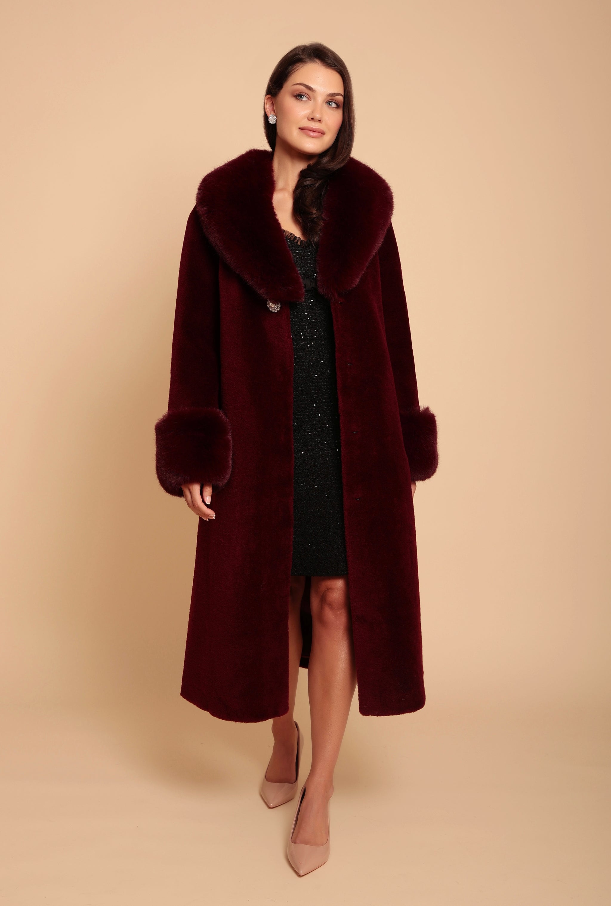 Sunset Boulevard Long Wool Coat with Faux Fur Collar in Rosso Santinni