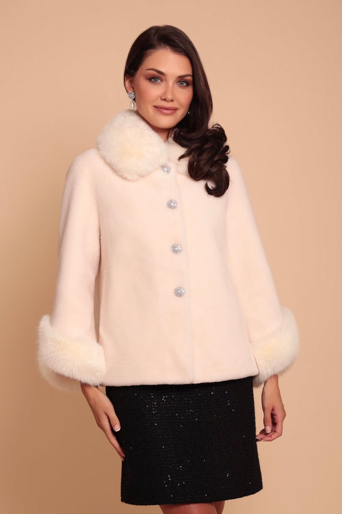 'Gene' Short Wool Coat with Faux Fur Collar in Bianco