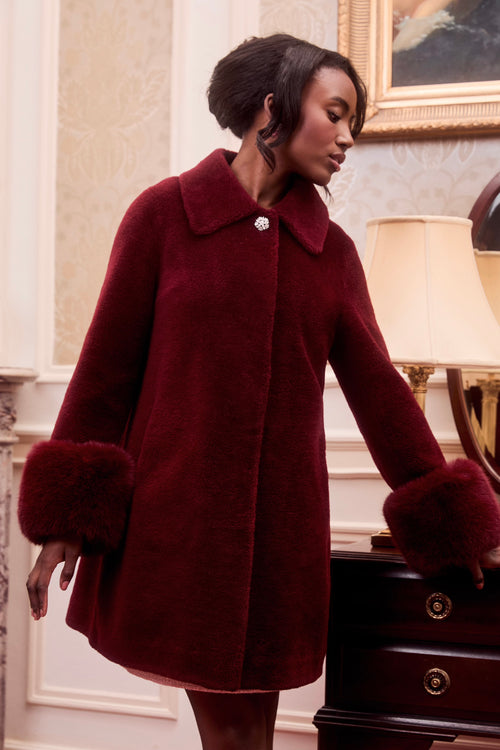 'Fairytale' Wool and Faux Fur Teddy Coat in Rosso