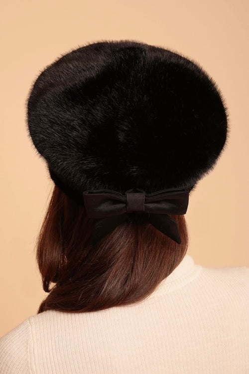 'Brigitte' Faux Fur Hat with Silk Bow in Nero