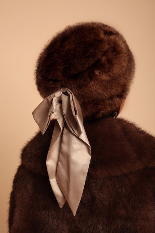 'Anastasia' Faux Fur Hat with Satin Bow in Marrone