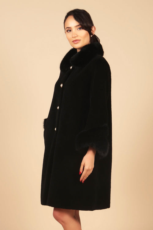 'Monroe' Wool and Faux Fur Teddy Coat in Nero