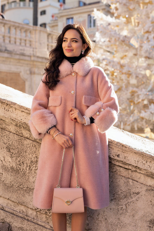 'Hayworth' Wool and Faux Fur Coat in Rosa