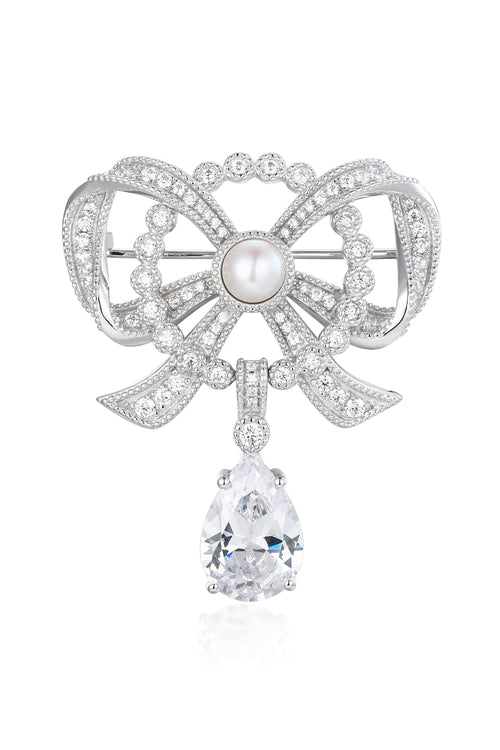 'Majesty' Silver Brooch with Freshwater Pearl and Pear-Shaped Crystal