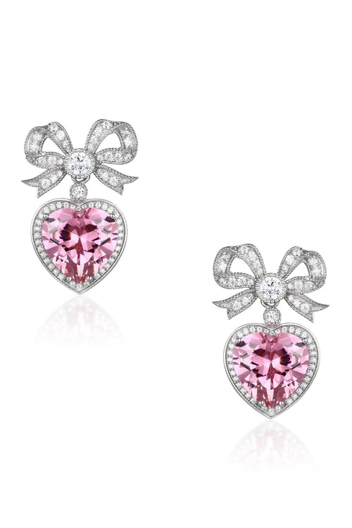 'Princess' Bow and Crystal Heart Silver Earrings