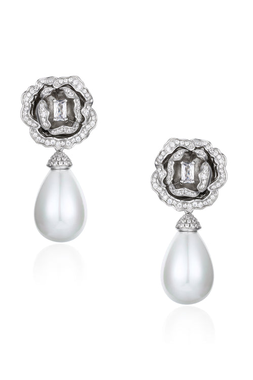 'Countess' Flower and Pearl Drop Silver Earrings