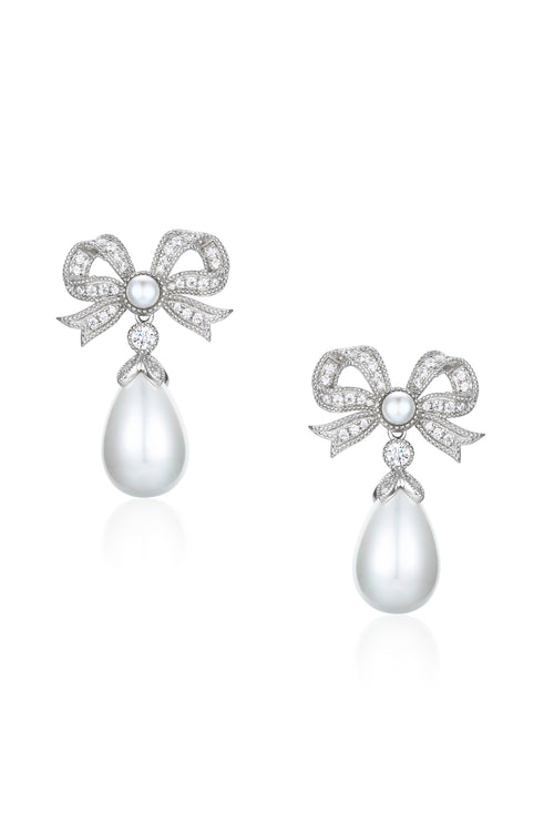 'Queen' Bow and Pearl Drop Silver Earrings