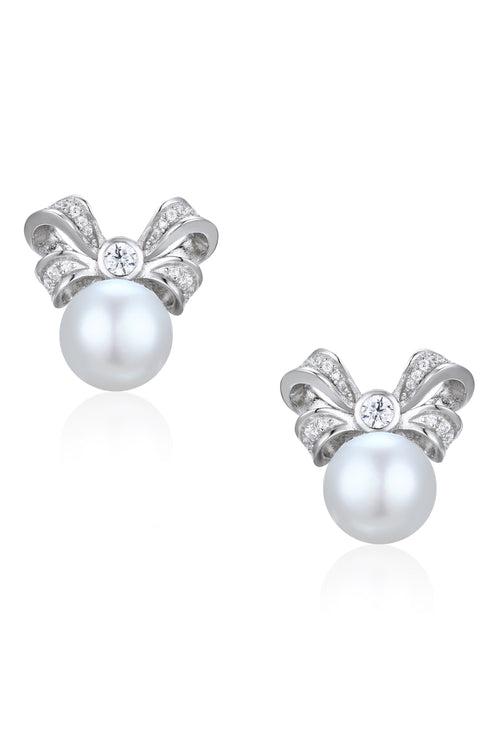 'Viscountess' Bow and Pearl Silver Earrings with Crystals