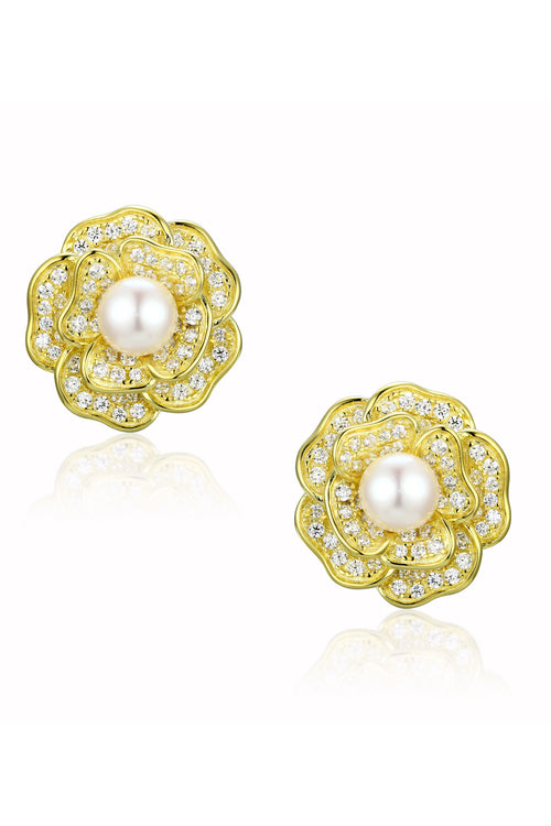 'Tsarina' Flower and Freshwater Pearl Gold-Plated Silver Earrings