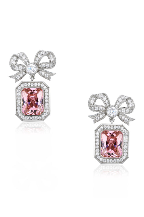 'Empress' Bow and Pink Radian Cut Crystal Silver Earrings