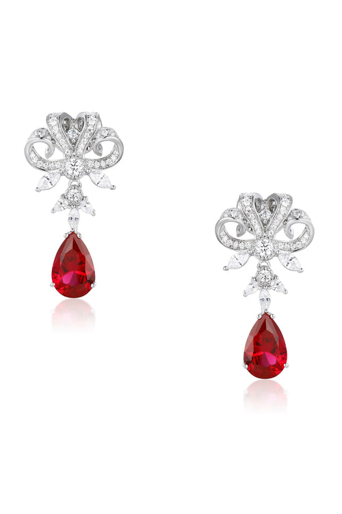 'Versailles' Silver Drop Earrings with Red Crystal