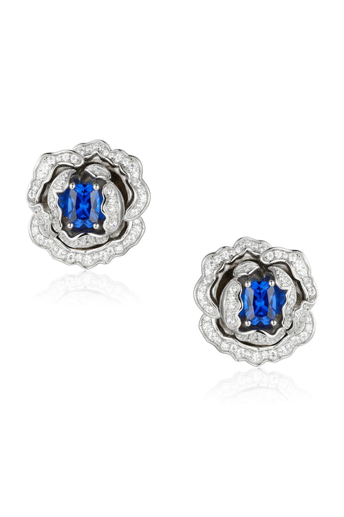 'Marchioness' Flower-Motif Silver Earrings with Blue Crystal