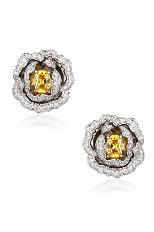 'Marchioness' Flower-Motif Silver Earrings with Yellow Crystal