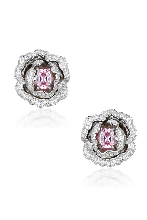 'Marchioness' Flower-Motif Silver Earrings with Pink Crystal