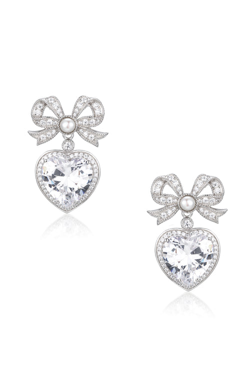 'Princess' Bow and Crystal Heart Silver Earrings With Pearl