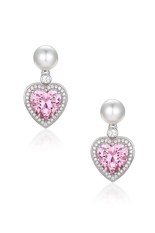 'Marie' Pearl and Crystal Heart Silver Earrings