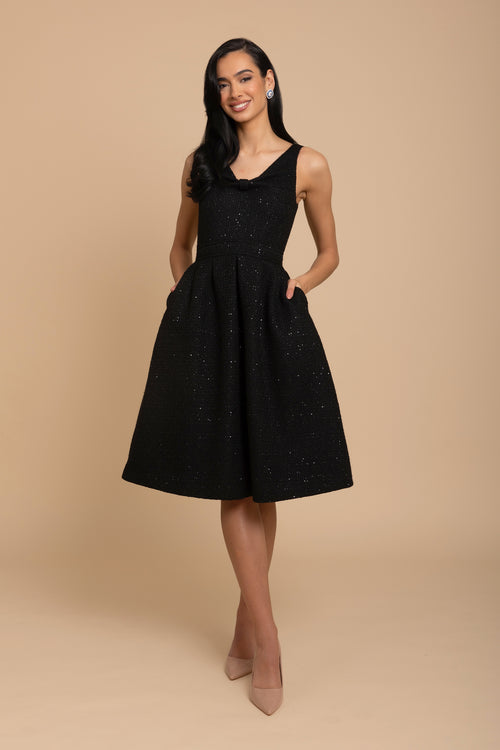 'Splendour' Wool Tweed Midi Dress in Nero