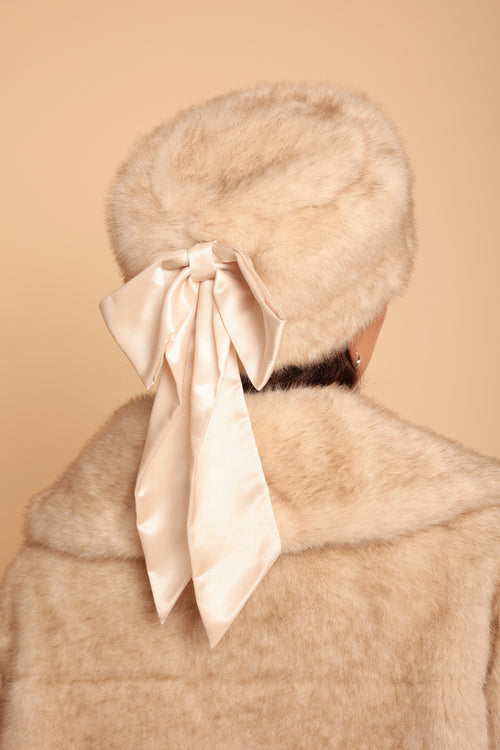 'Anastasia' Faux Fur Hat with Satin Bow in Crema