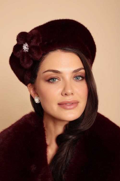 'Marion' Faux Fur Hat with Flower Motif in Rosso