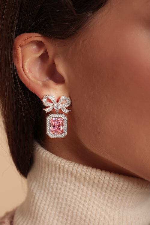 'Empress' Bow and Pink Radian Cut Crystal Silver Earrings