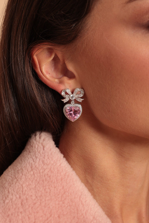 'Princess' Bow and Crystal Heart Silver Earrings