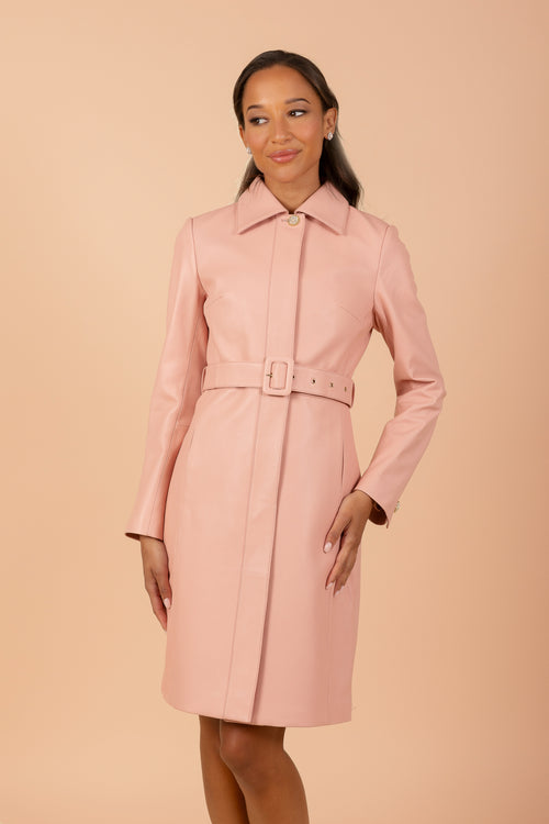 'Bellucci' Belted Leather Coat in Rosa