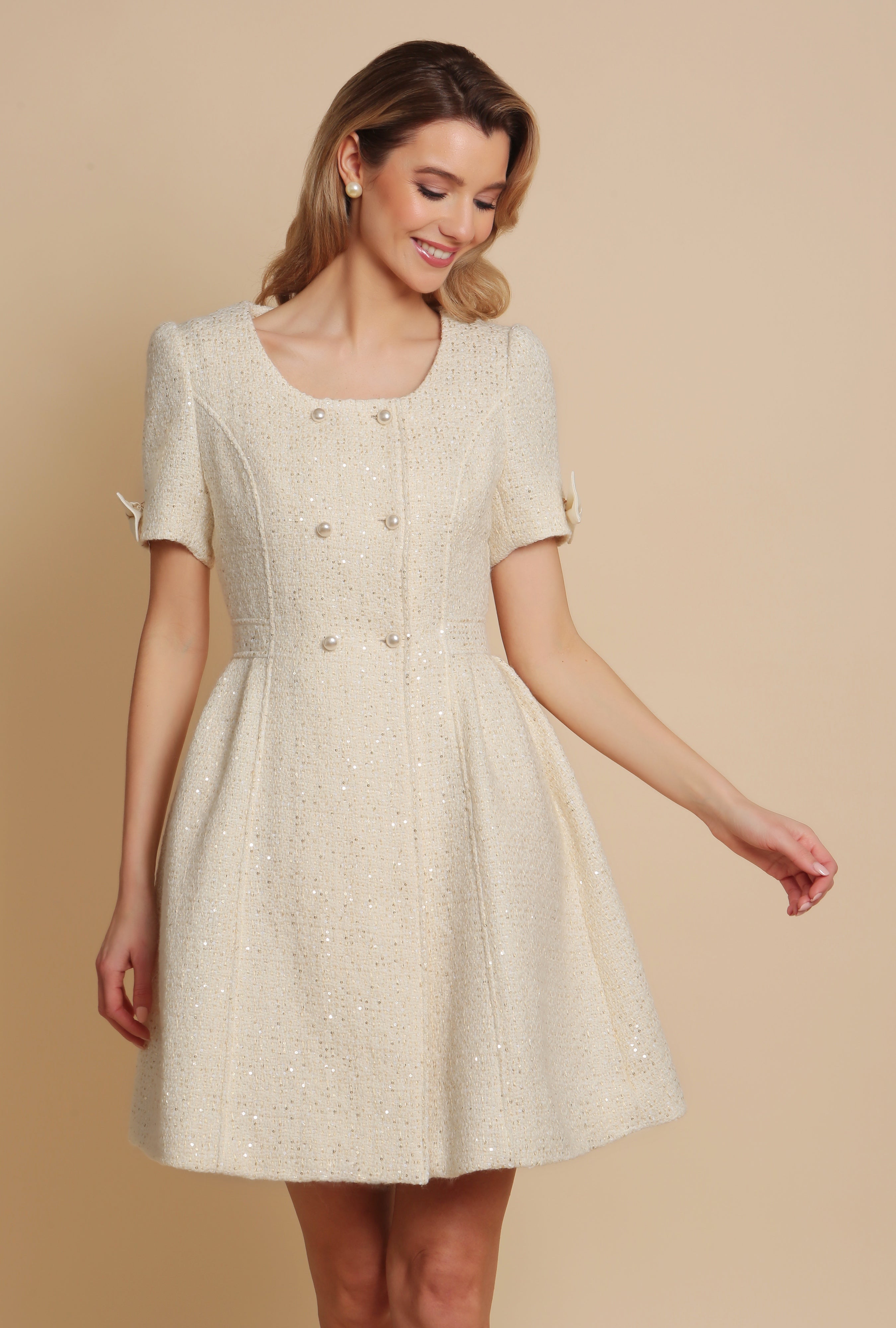 Golden Age' Wool Tweed Dress Coat in Bianco – Santinni