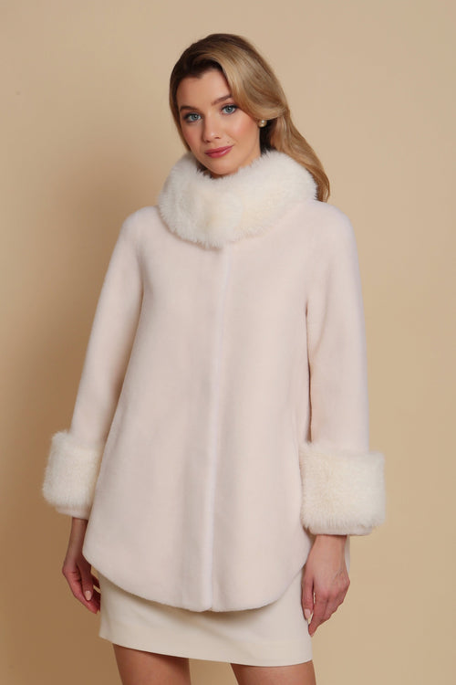 'Scarlett' Wool and Faux Fur Cape Coat in Bianco