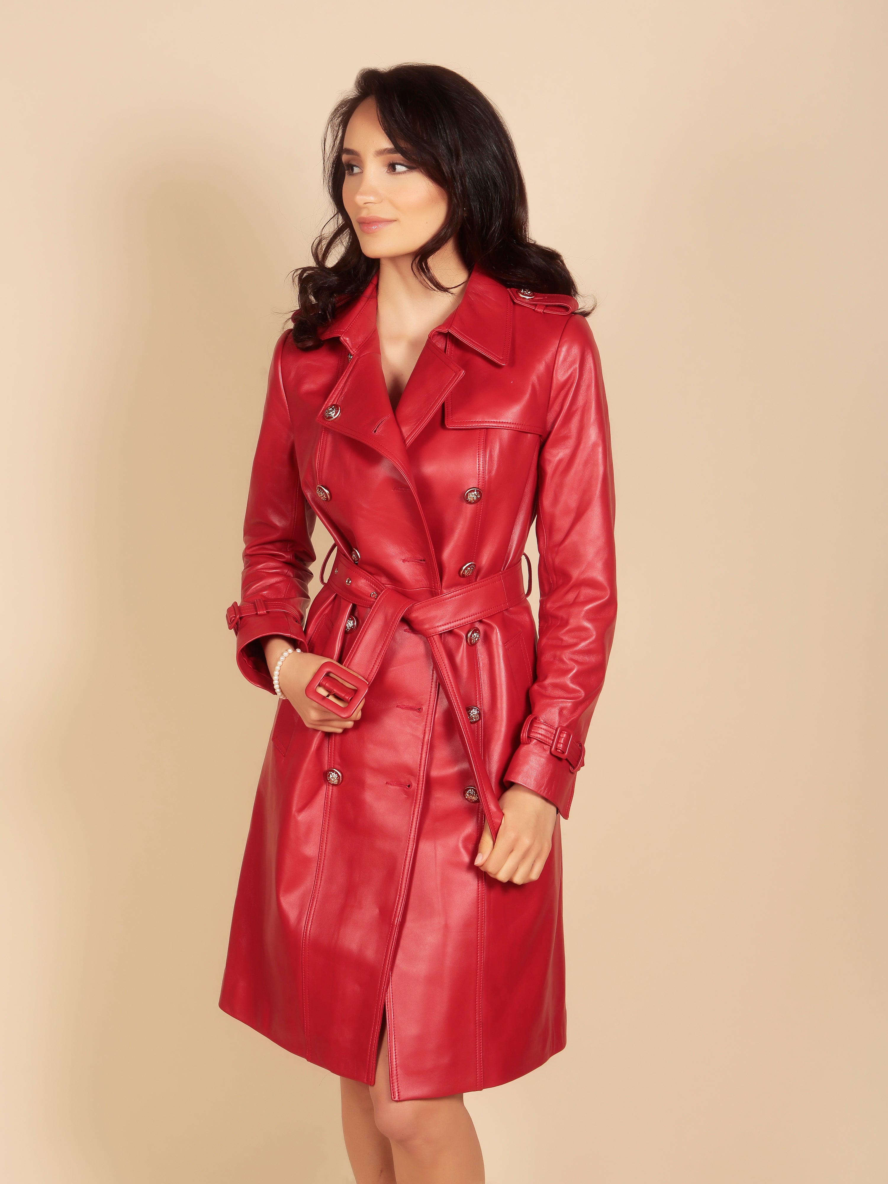 'Belle Du Jour' Leather Trench Coat in Rosso – Santinni