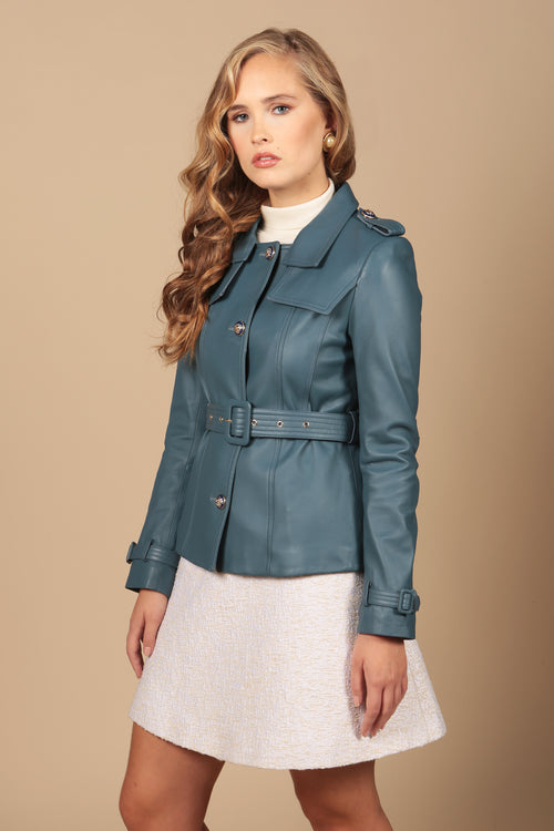 'Bardot' Leather Jacket in Azzurro