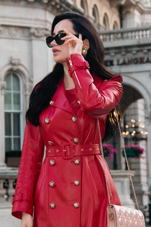 'Belle Du Jour' Leather Trench Coat in Rosso